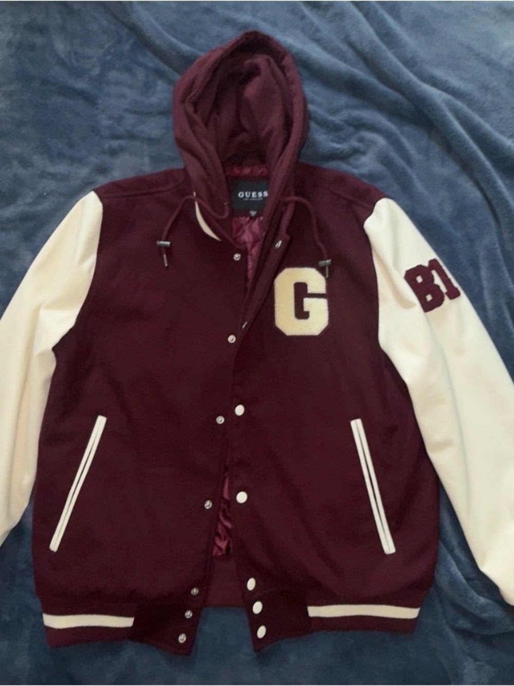 GUESS Maroon and Cream Hooded Varsity Jacket